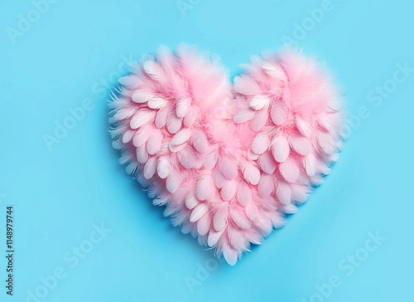 Fototapeta Heart covered with pink feathers and fluff on a blue background.