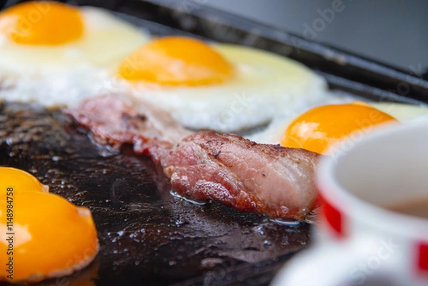 Obraz Cooked breakfast on a barbeque hot plate closeup with eggs and bacon