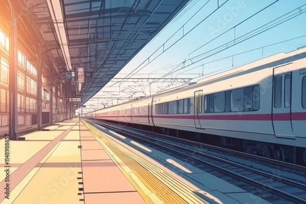 Fototapeta Train stops at the station, anime or cartoon style seamless, a moment of pause, where time stands still, evoking feelings of anticipation and transition, a reminder of the journey between past and fut