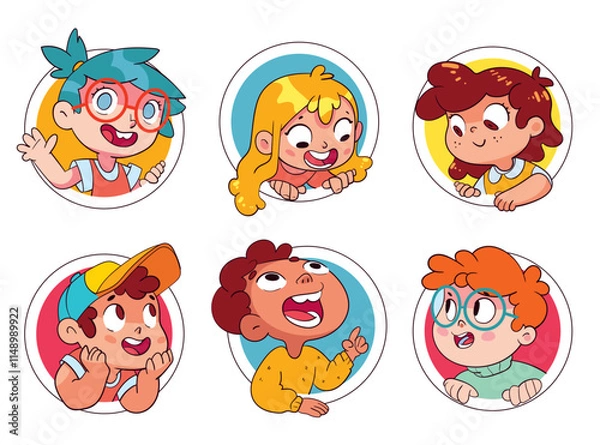 Obraz Cartoon collection of little kids portraits. Children of different nationalities and various gestures holding empty white board. Children peek out of the symbolic circle. Place for text. Blank banner