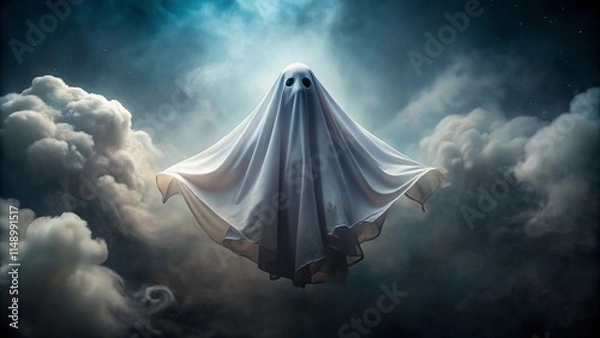 Fototapeta Eerie Aerial Ghost Photo: Spectral Sheet Floating, Drone Photography, Spooky Halloween Scene, Supernatural Image