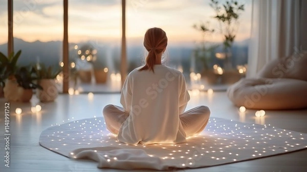 Obraz Woman meditating peacefully in a serene room with soft lighting and a view.