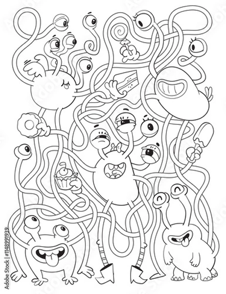 Obraz Children logic game to pass the maze. Find candy for the monster. Educational game for kids. Choose right path. Funny cartoon character. Worksheet page. Coloring book