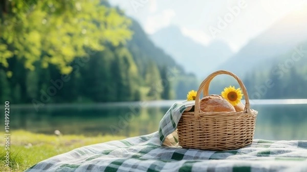 Fototapeta Picnic basket by a serene lake with mountains in the background.