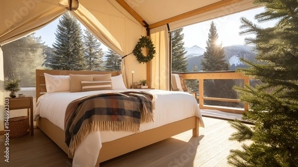 Fototapeta Cozy glamping tent with mountain views, king-size bed, and a festive wreath.