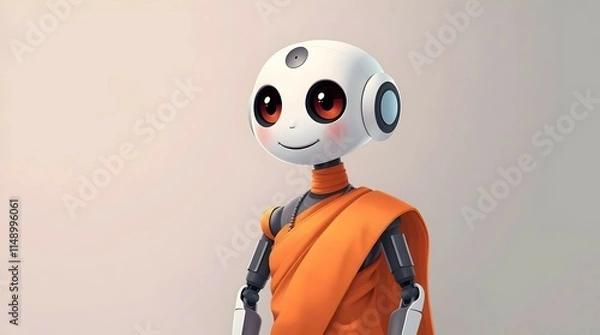 Fototapeta cartoon style robot in orange sari with space for text on gray background for use in creative projects