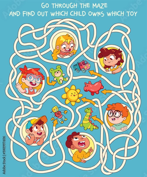 Obraz Children logic game to pass the maze. Go through the maze and find out which child owns which toy. Educational game for kids. Choose right path. Funny cartoon character. Worksheet page