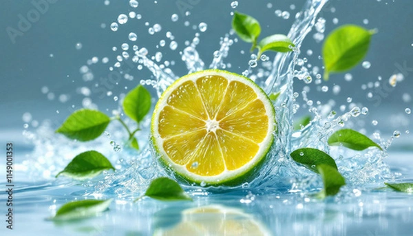 Fototapeta Fresh lemon slice creating splashes in clear water with green leaves surrounding it