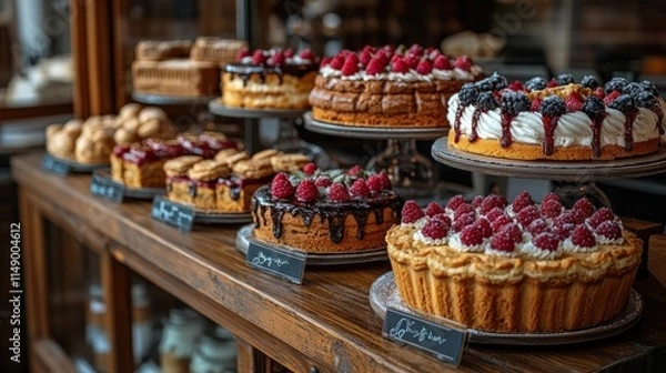 Fototapeta A display of various delicious cakes and pastries in a bakery setting.