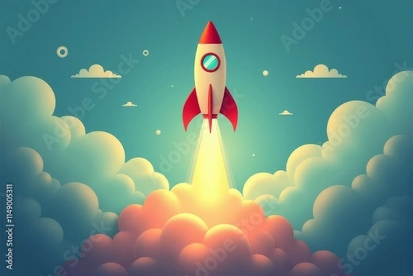 Fototapeta Vibrant rocket launching into the sky representing motivational breakthroughs