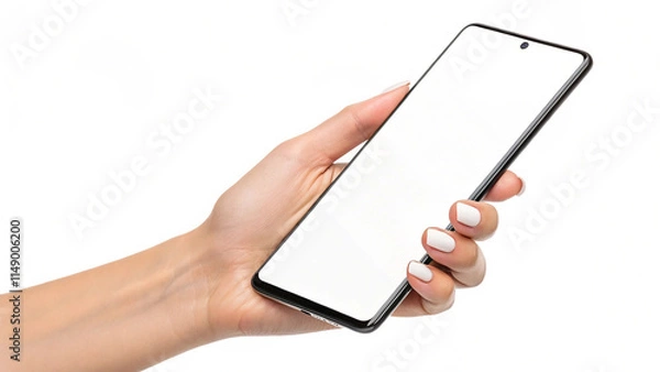Obraz Hand-drawn image of a woman holding and using a cell phone with a white screen