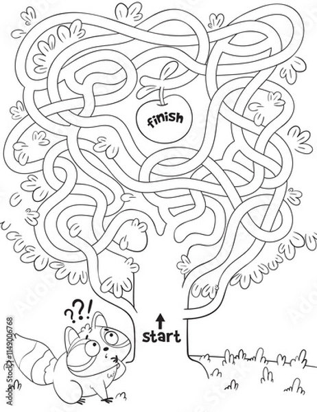 Obraz Help the Raccoon go through trees maze and get an apple. Children logic game to pass the maze. Educational game for kids. Choose right path. Funny cartoon character. Worksheet page. Coloring book