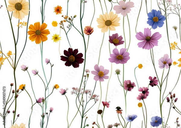 Fototapeta Delicate cosmos flower seamless pattern with colorful blossoms