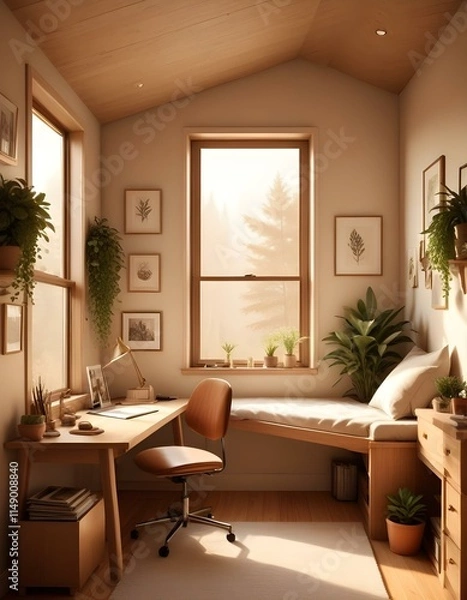 Fototapeta Elevation rendering of a Z-shaped study table with built-in wall seating in a simple cabin bedroom. The room boasts a bed, lovely accents, and thriving houseplants. Abundant natural light from an expa