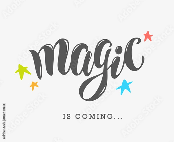 Fototapeta Vector hand written text magic word isolated. Card, congratulation, greeting. Party poster, advertising, banner, placard design template. 