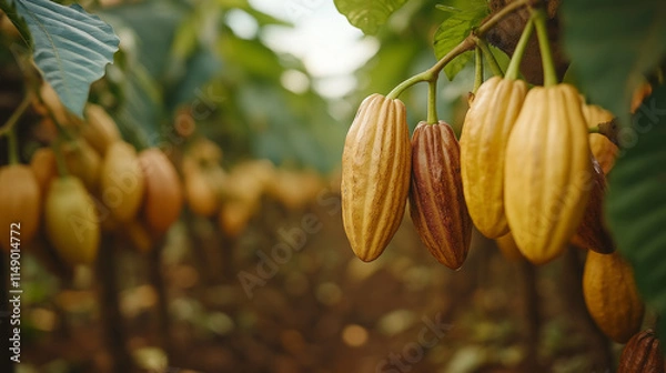 Fototapeta Green and Yellow Cocoa pods grow on tree. The cocoa tree ( Theobroma cacao ) with fruits.