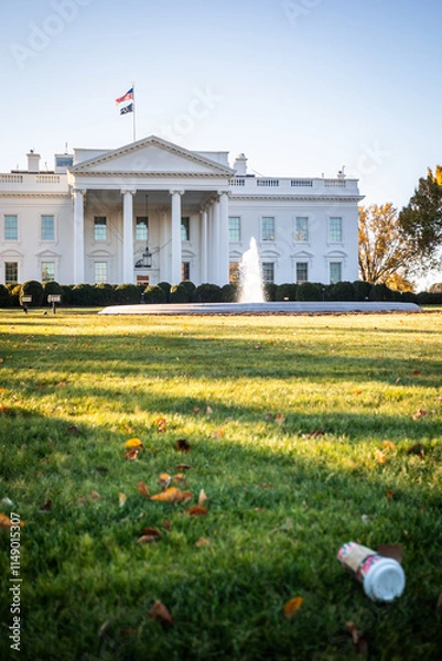 Fototapeta Paper Cup Trash on the Lawn in Front of the White House in Washington, DC, USA on a sunny Day with Blue Sky - Copy Space