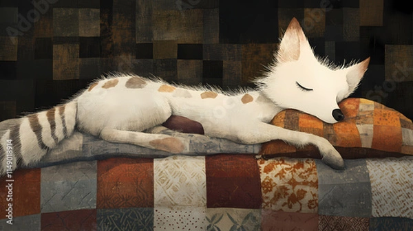 Fototapeta A laid-back loyalist snores peacefully on a patchwork quilt, tongue lolling out as a furry, floppy ear rests on a pillow. Stalwart. Illustration