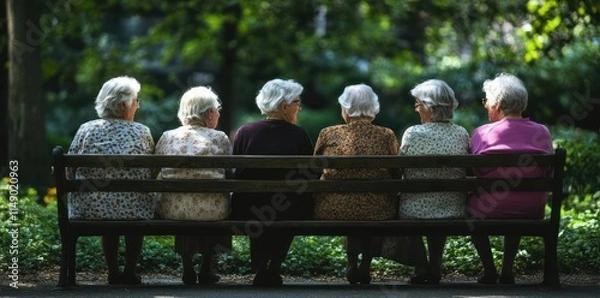 Fototapeta A group of elderly women sitting together on a bench in a park, enjoying each other's company.