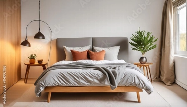 Fototapeta Embrace Serenity A Minimalist Bedroom Design Featuring a Platform Bed for Ultimate Solitude and Restful Sleep