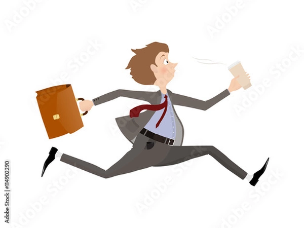 Fototapeta Employee rush to the office to the beginning of the working day. Business man late for an appointment.