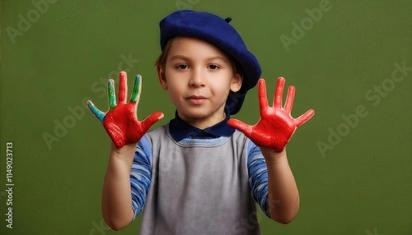Obraz Joyful Expression A Small Child Artist Proudly Displays His PaintSplattered Hands After Creating a Colorful Masterpiece in a Playful Artistic Adventure