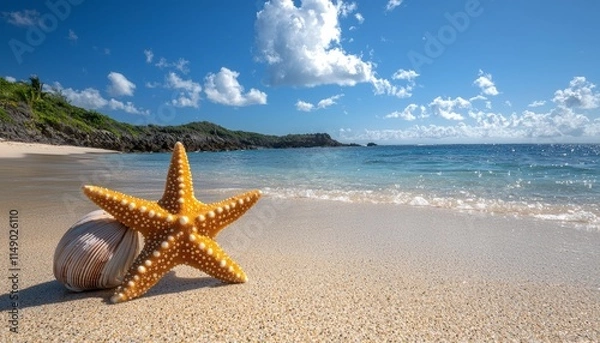 Fototapeta Starfish and Seashell on Tropical Sandy Beach