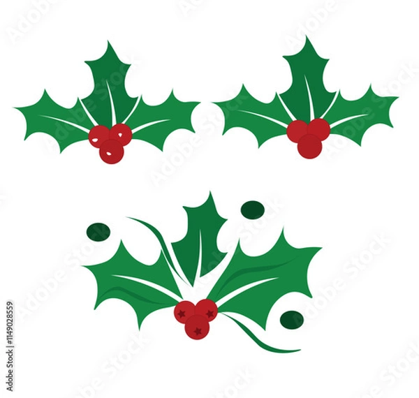 Fototapeta Christmas holly. Holly berry vector. Holly berry leaves Christmas symbol. Vector illustation, Holly berry icons set, Chritmas logo wirh holly berries