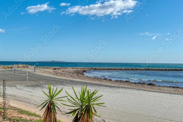 Fototapeta VIEW OF TABARCA ISLAND ON THE HORIZON OF VAREDO BEACH, SANTA POLA, ALICANTE