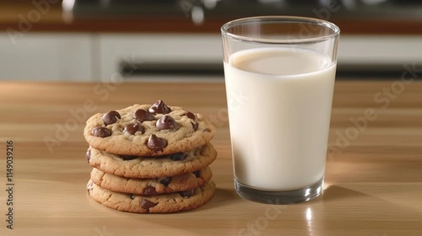 Fototapeta A cozy composition of a glass of milk and a stack of golden-brown chocolate chip cookies on a wooden table. The setup exudes comfort and classic homemade dessert vibes