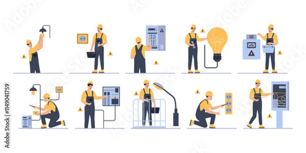 Obraz Electrician concept flat illustration set. Includes of fixing a light bulb, testing electrical circuits, and installing a power outlet. Vector illustration isolated transparent background
