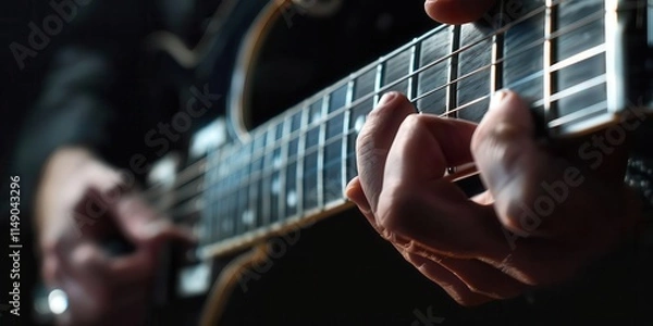 Fototapeta A close-up of a guitarist's hands playing an electric guitar, showcasing musical artistry.