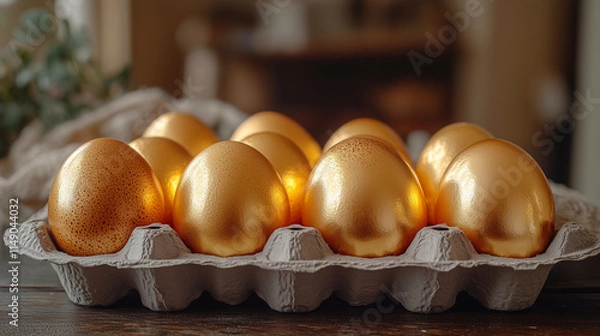 Fototapeta Golden eggs arranged neatly in an egg carton on a wooden table in a cozy setting during the day