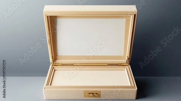 Fototapeta Empty beige luxury wooden box with gold clasp open on gray background.
