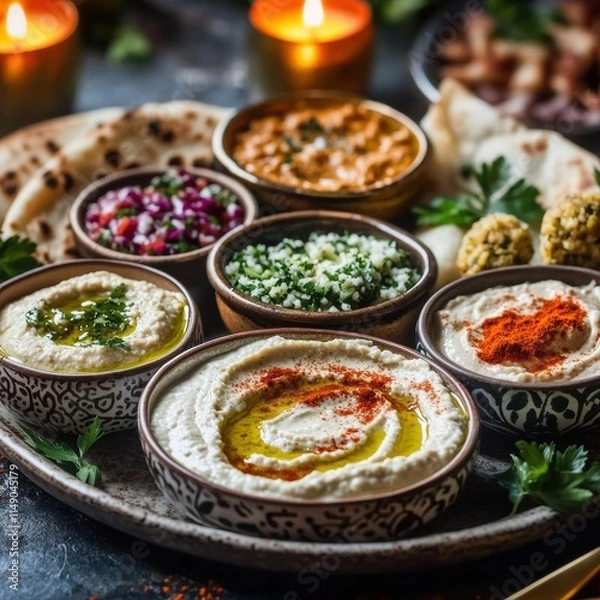Obraz Orientalische Mezze-Platte mit Hummus, Taboulé und Fladenbrot – Serviert in gemütlichem Ambiente bei Kerzenschein