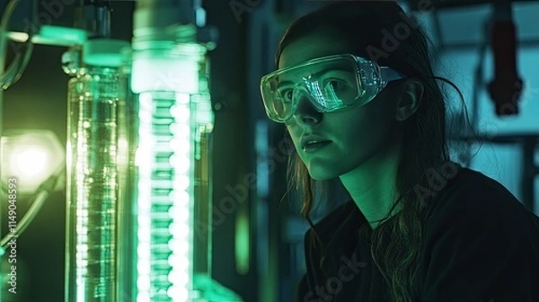 Fototapeta Young Scientist Conducting Experiment with Green Light in Lab