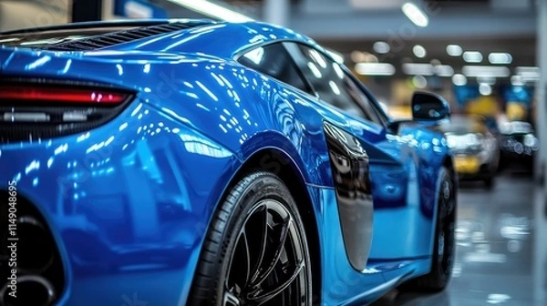 Obraz Sleek Blue Sports Car with Glossy Finish in Modern Showroom Setting