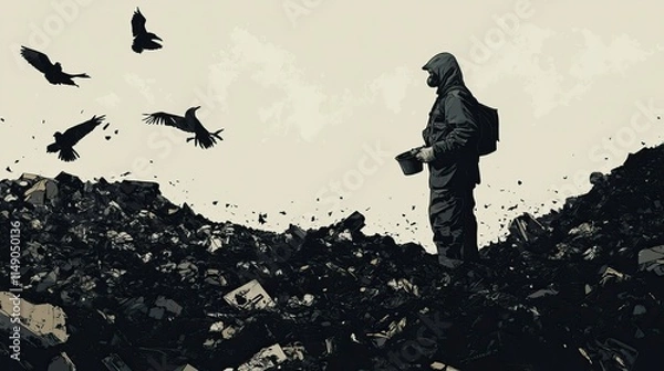 Obraz Person in protective gear standing on heaps of trash with birds flying amidst landfill highlighting ecology and environmental pollution