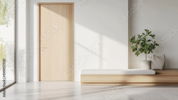 Fototapeta Simple modern entryway with white and soft oak accents. Featuring a clean, bright design with minimal decoration