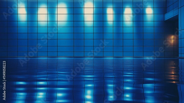 Obraz 夜の青いタイルと反射が織りなすシンメトリープール