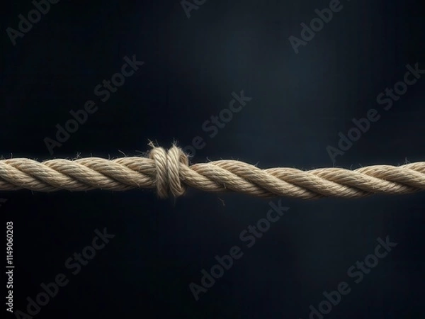 Fototapeta A frayed and fraying rope under extreme pressure, showing signs of breaking and stress, danger, rope, stress