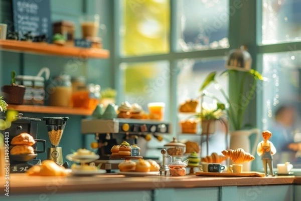 Fototapeta A cozy café scene with pastries, coffee, and decorative plants, inviting relaxation and enjoyment.