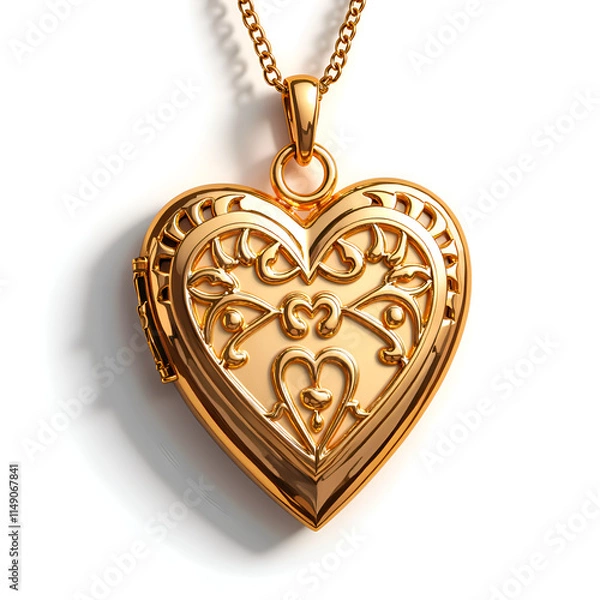 Fototapeta Intricately designed heart shaped golden locket with elegant floral patterns for timeless sentiment, 3d rendering of jewelry design concept.