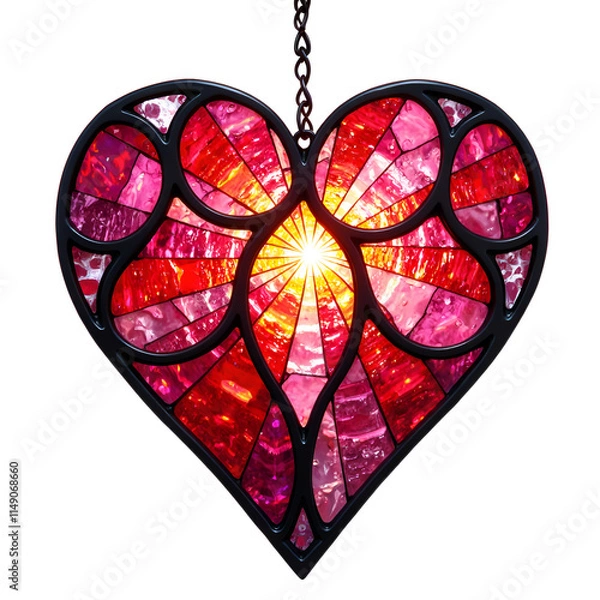 Fototapeta Illuminated heart shaped stained glass display with vibrant shades of red and pink, digital art of still life concept.