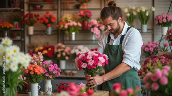 Fototapeta A florist arranging a bouquet of pink flowers in a vibrant floral shop, with colorful blooms and greenery in the background, showcasing creativity. Flower delivery concept