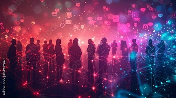 Obraz Silhouetted figures interconnected by a vibrant network of digital social media icons.