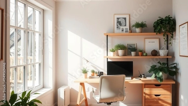 Obraz A cozy home office with wooden desk, chair, and shelves covered in green plants, natural light coming from a window, and inspirational posters on the walls, inspiration, window, chair