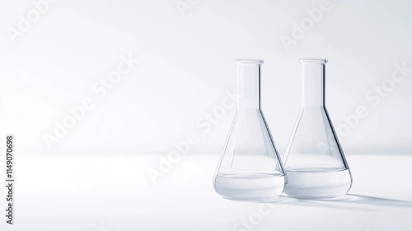 Fototapeta Two clear Erlenmeyer flasks with transparent liquid stand on white surface. Minimalist science still life shows lab glassware filled with liquid. Minimal design, suitable for lab, science-related
