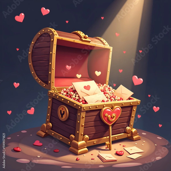 Fototapeta A magical treasure chest overflowing with love letters and heart shaped gems under a spotlight, digital art of whimsy concept.