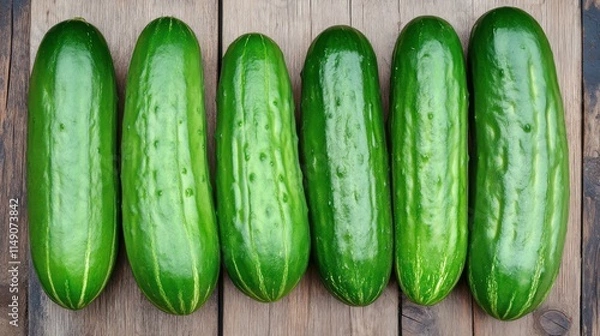 Fototapeta Fresh cucumbers arranged on a wooden surface.